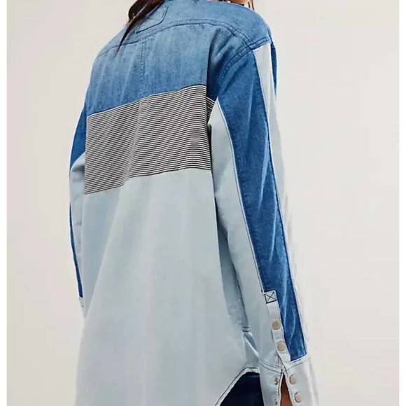 NEW FREE PEOPLE moto color block shirt in blue combo - Picture 2 of 3